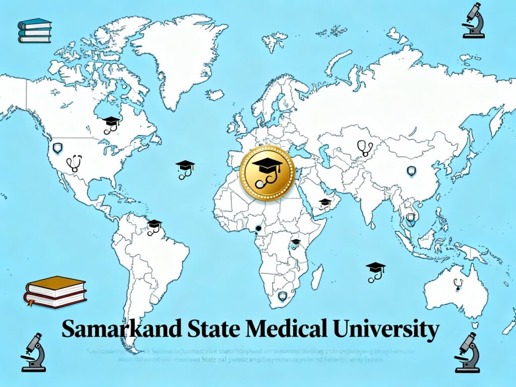 World map showing Samarkand State Medical University and medical education systems across different countries
